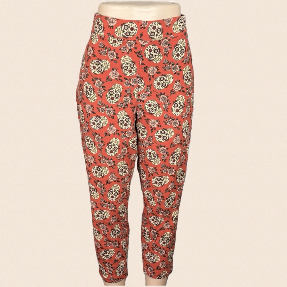 Torrid 4X Coral Red Muertos Skull Ditsy Roses Cropped Leggings Cotton Stretch